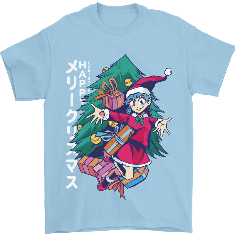 Anime Elf Christmas Tree Xmas Mens T-Shirt 100% Cotton Light Blue