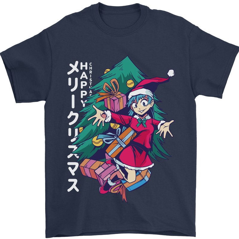 Anime Elf Christmas Tree Xmas Mens T-Shirt 100% Cotton Navy Blue