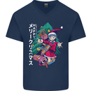 Anime Elf Christmas Tree Xmas Mens V-Neck Cotton T-Shirt Navy Blue