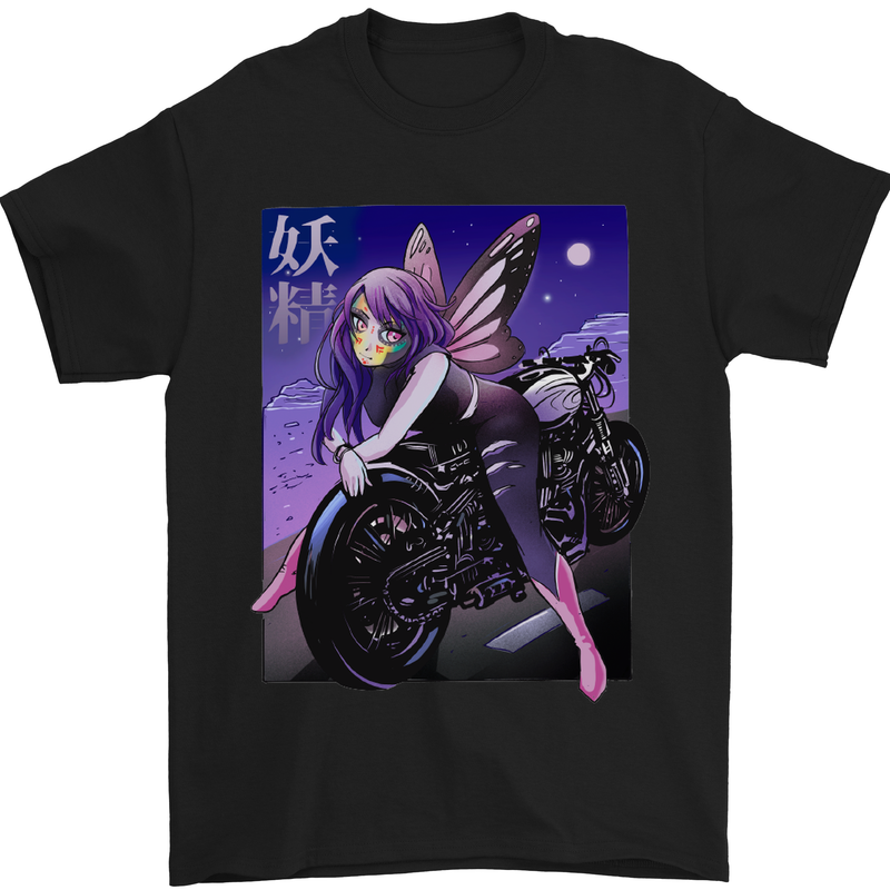 a black t - shirt with a picture of a fairy on a motorcycle