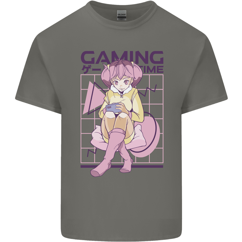Anime Gamer Girl Gaming Video Games Mens Cotton T-Shirt Tee Top Charcoal