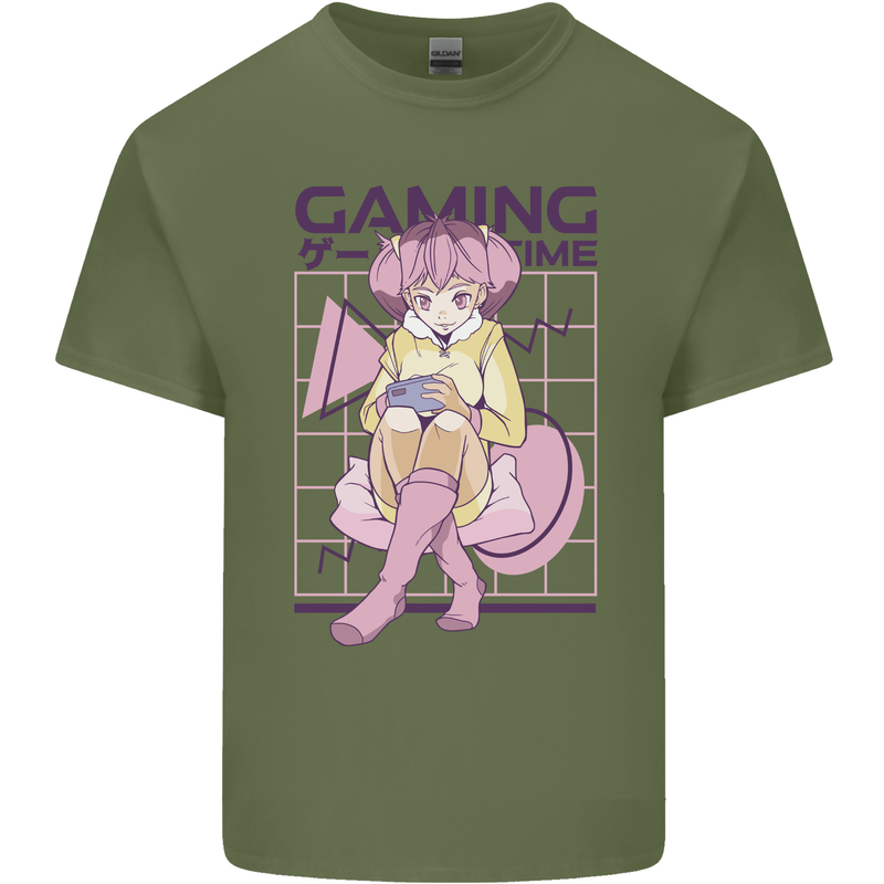 Anime Gamer Girl Gaming Video Games Mens Cotton T-Shirt Tee Top Military Green