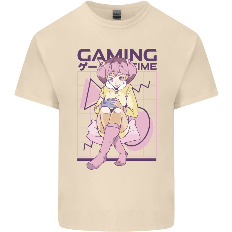 Anime Gamer Girl Gaming Video Games Mens Cotton T-Shirt Tee Top Natural