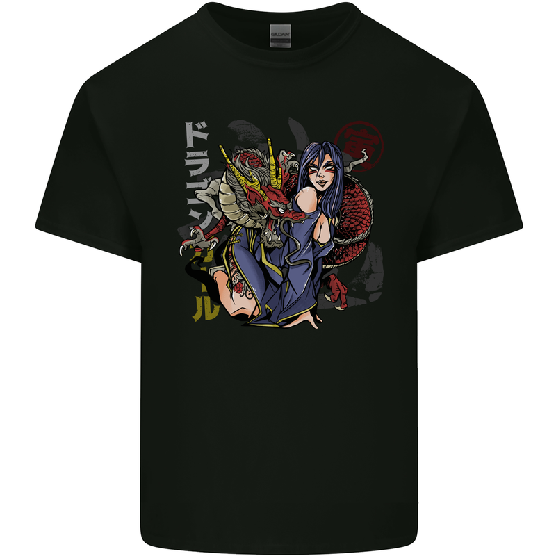 Anime Girl With a Dragon Mens Cotton T-Shirt Tee Top Black