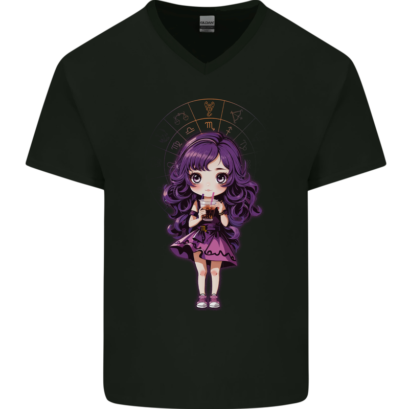 Anime Leo Chibi Mens V-Neck Cotton T-Shirt Black