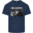 Anime Sad Girl Mens Cotton T-Shirt Tee Top Navy Blue