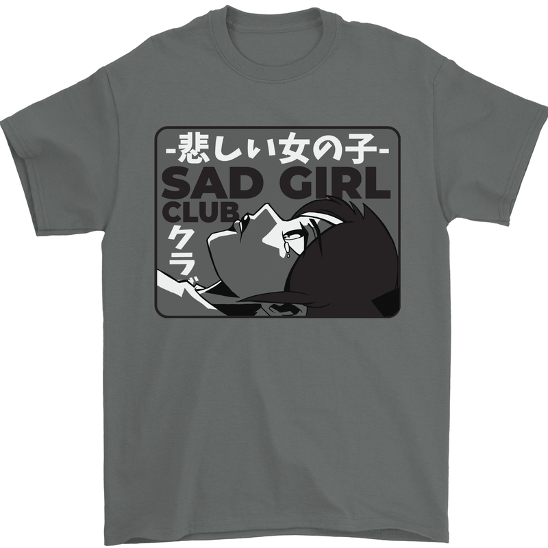 Anime Sad Girl Mens T-Shirt 100% Cotton Charcoal