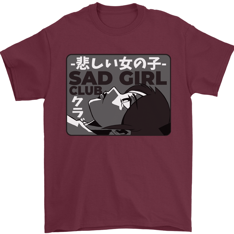 Anime Sad Girl Mens T-Shirt 100% Cotton Maroon