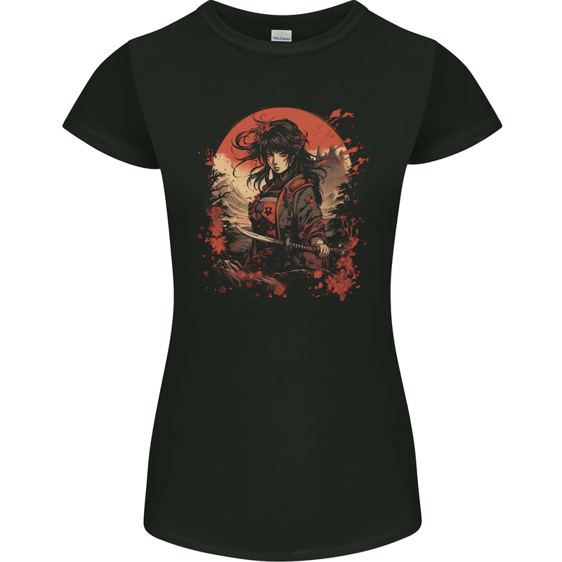 Anime Samurai Girl Fantasy Warrior Womens Petite Cut T-Shirt Black