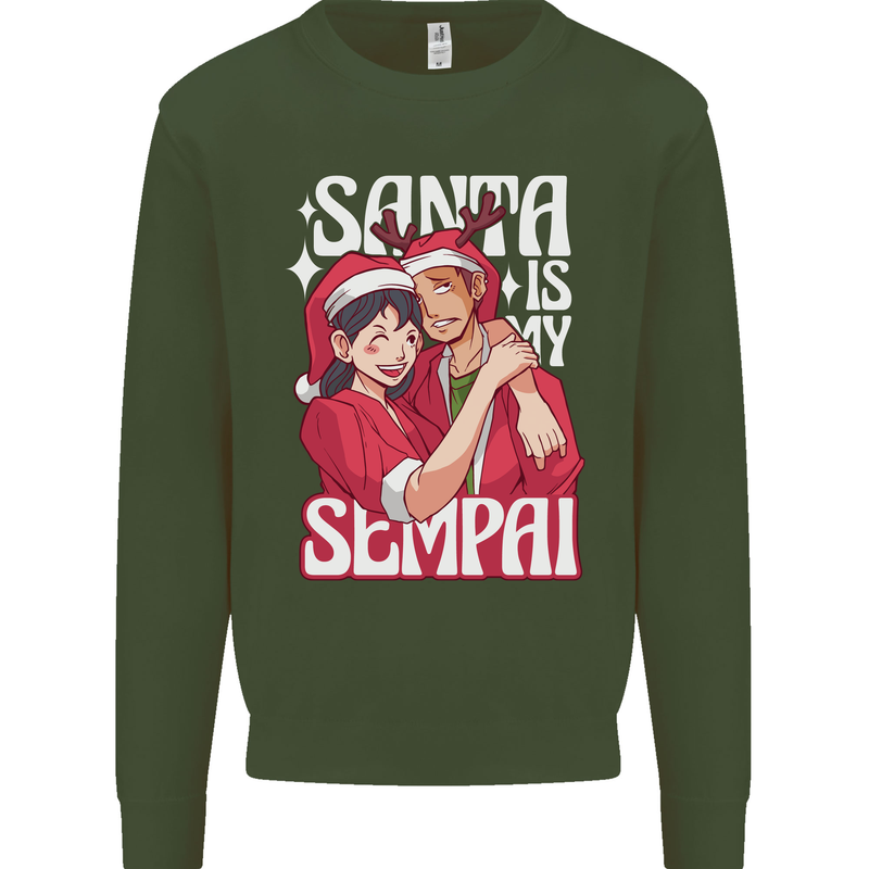 Anime Santa is My Sempai Funny Christmas Xmas Kids Sweatshirt Jumper Forest Green