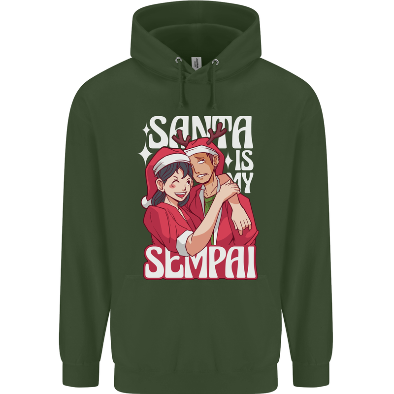 Anime Santa is My Sempai Funny Christmas Xmas Mens 80% Cotton Hoodie Forest Green
