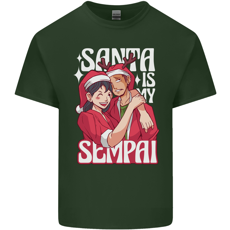 Anime Santa is My Sempai Funny Christmas Xmas Mens Cotton T-Shirt Tee Top Forest Green
