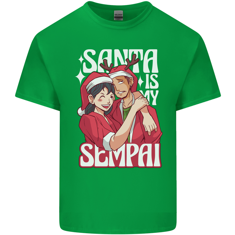 Anime Santa is My Sempai Funny Christmas Xmas Mens Cotton T-Shirt Tee Top Irish Green