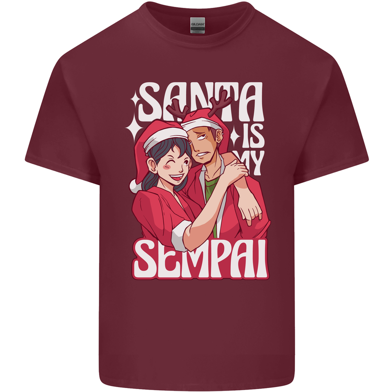 Anime Santa is My Sempai Funny Christmas Xmas Mens Cotton T-Shirt Tee Top Maroon