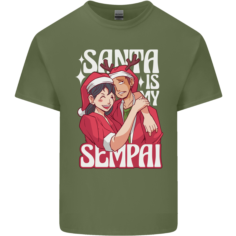 Anime Santa is My Sempai Funny Christmas Xmas Mens Cotton T-Shirt Tee Top Military Green