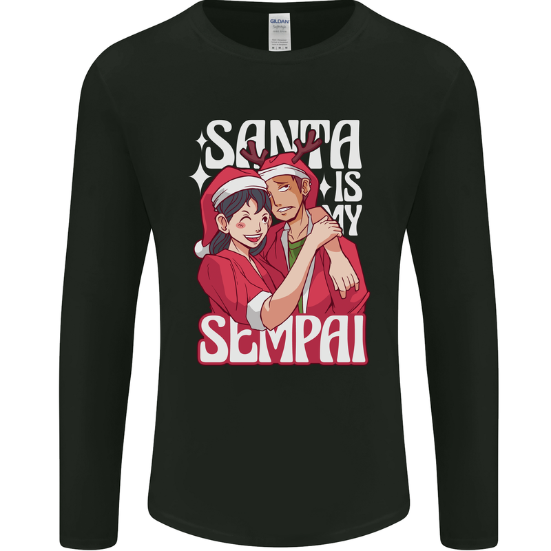 Anime Santa is My Sempai Funny Christmas Xmas Mens Long Sleeve T-Shirt Black