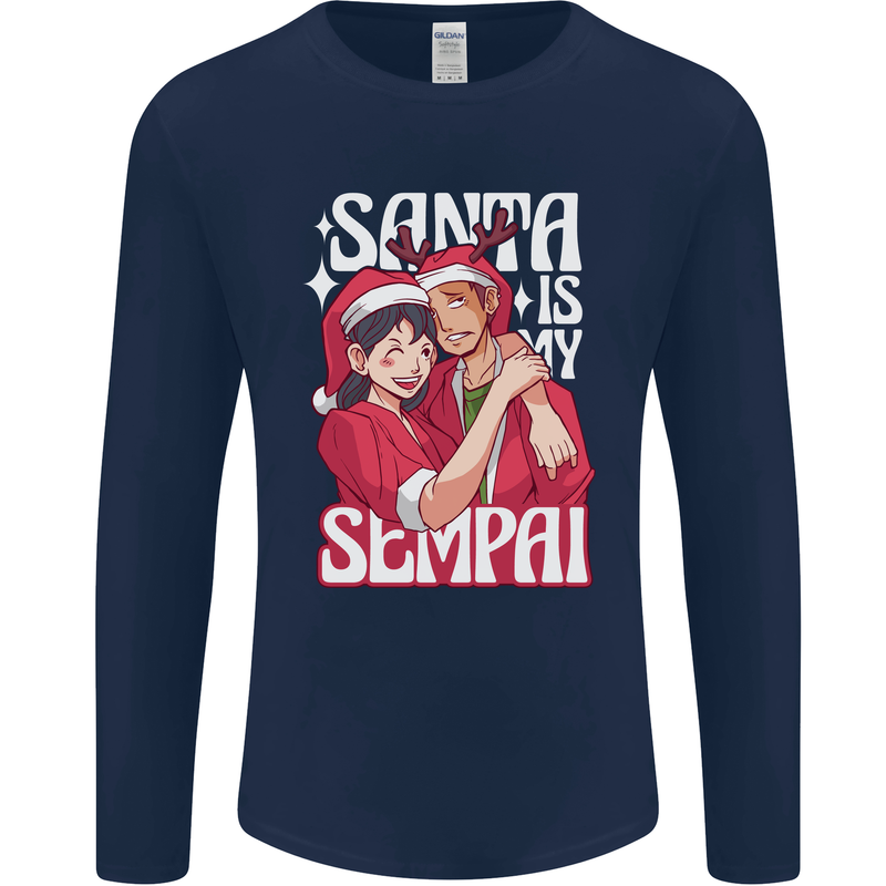 Anime Santa is My Sempai Funny Christmas Xmas Mens Long Sleeve T-Shirt Navy Blue
