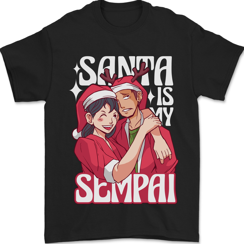 Anime Santa is My Sempai Funny Christmas Xmas Mens T-Shirt 100% Cotton Black