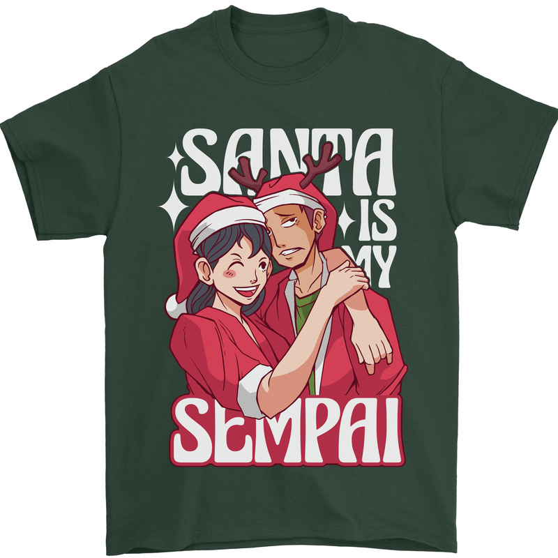 Anime Santa is My Sempai Funny Christmas Xmas Mens T-Shirt 100% Cotton Forest Green