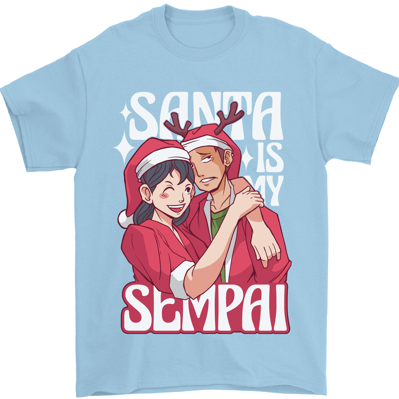 Anime Santa is My Sempai Funny Christmas Xmas Mens T-Shirt 100% Cotton Light Blue