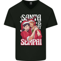 Anime Santa is My Sempai Funny Christmas Xmas Mens V-Neck Cotton T-Shirt Black