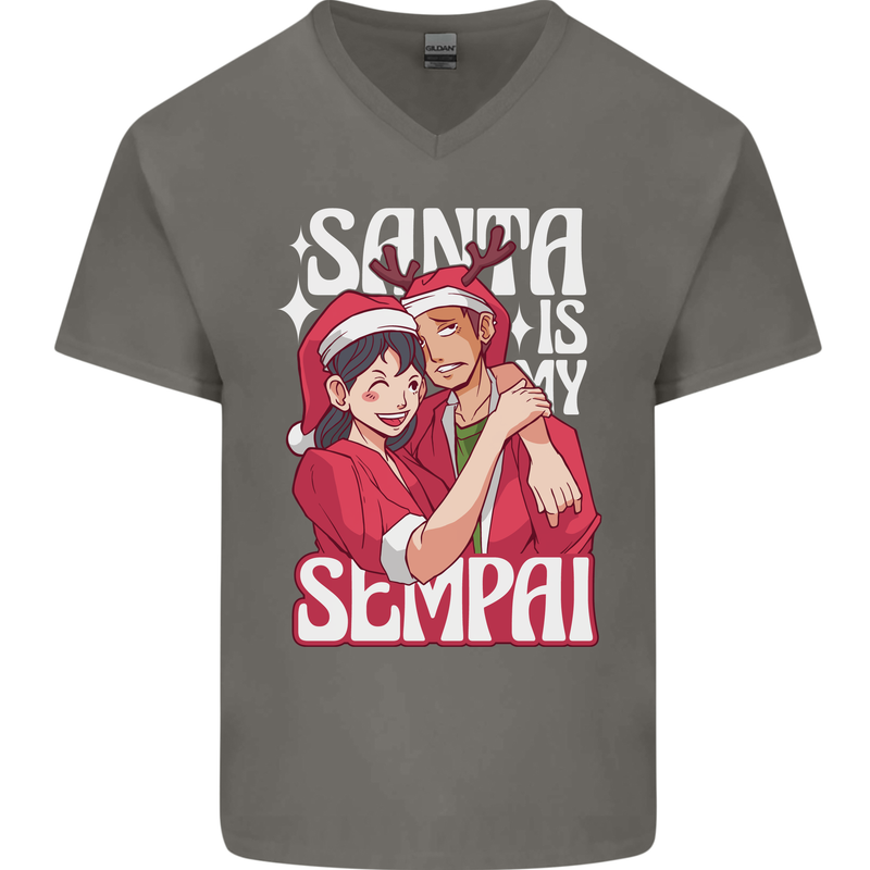 Anime Santa is My Sempai Funny Christmas Xmas Mens V-Neck Cotton T-Shirt Charcoal