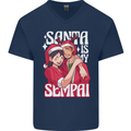 Anime Santa is My Sempai Funny Christmas Xmas Mens V-Neck Cotton T-Shirt Navy Blue