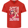 Anime Santa is My Sempai Funny Christmas Xmas Mens V-Neck Cotton T-Shirt Red