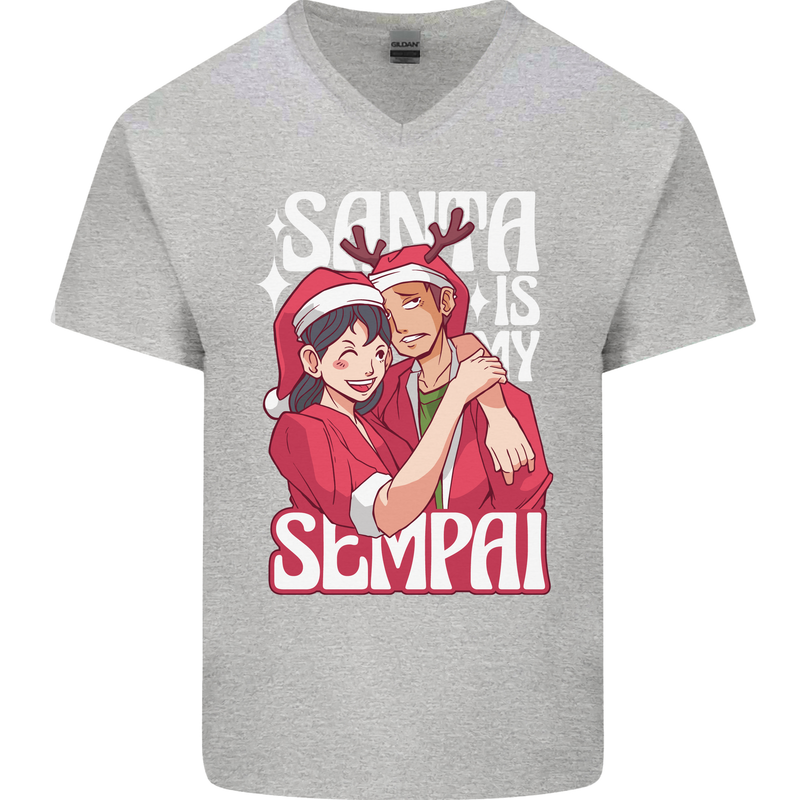 Anime Santa is My Sempai Funny Christmas Xmas Mens V-Neck Cotton T-Shirt Sports Grey