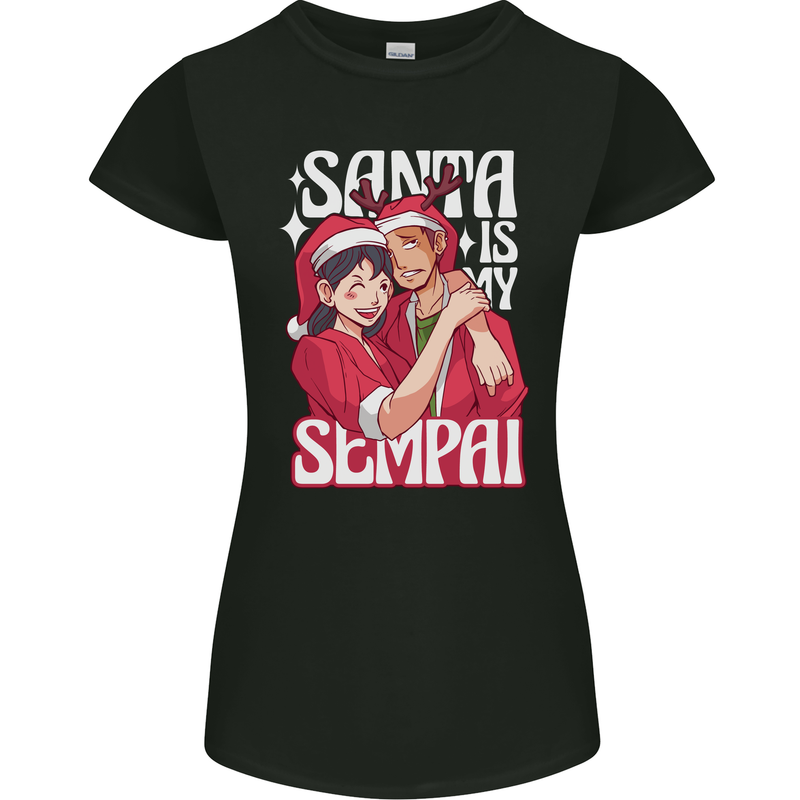 Anime Santa is My Sempai Funny Christmas Xmas Womens Petite Cut T-Shirt Black