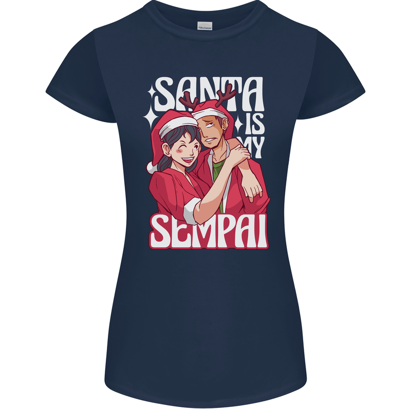 Anime Santa is My Sempai Funny Christmas Xmas Womens Petite Cut T-Shirt Navy Blue