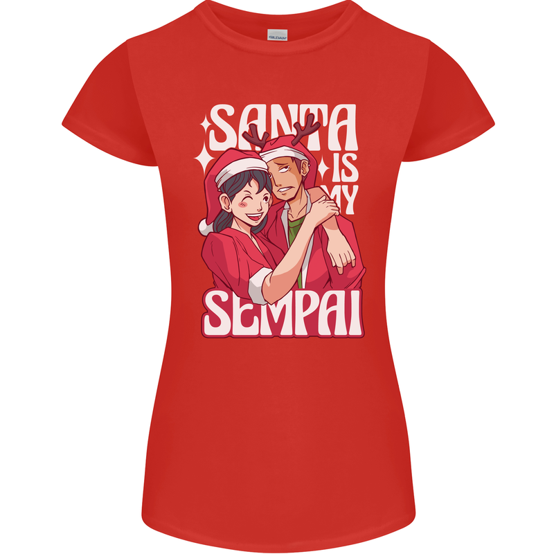 Anime Santa is My Sempai Funny Christmas Xmas Womens Petite Cut T-Shirt Red