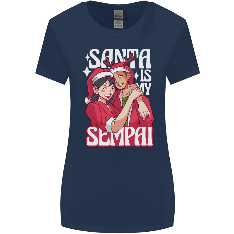 Anime Santa is My Sempai Funny Christmas Xmas Womens Wider Cut T-Shirt Navy Blue
