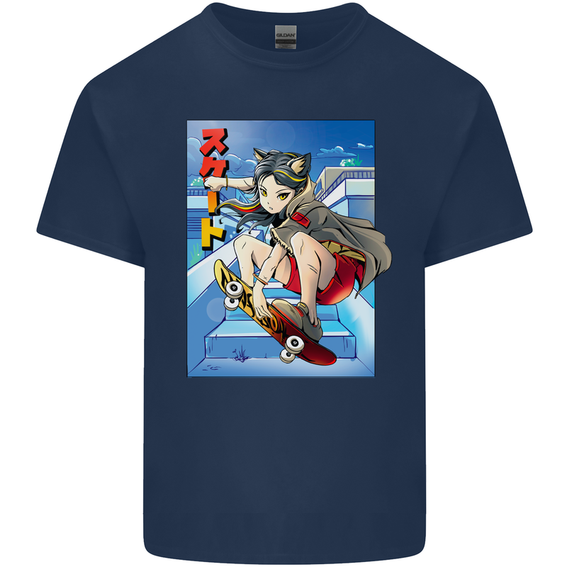 Anime Skater Girl Skateboard Skateboarding Mens Cotton T-Shirt Tee Top Navy Blue
