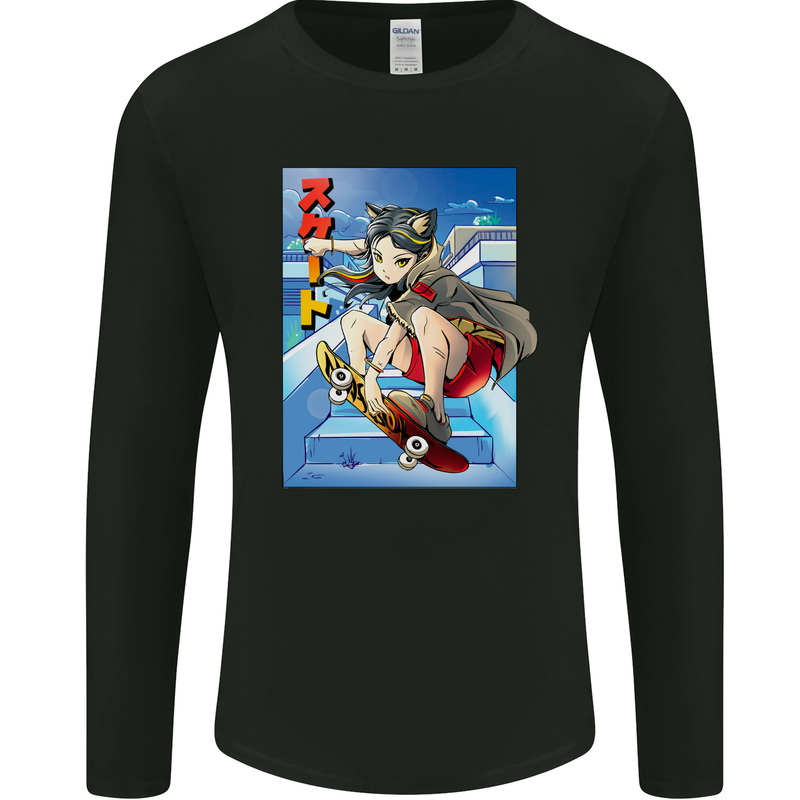 Anime Skater Girl Skateboard Skateboarding Mens Long Sleeve T-Shirt Black