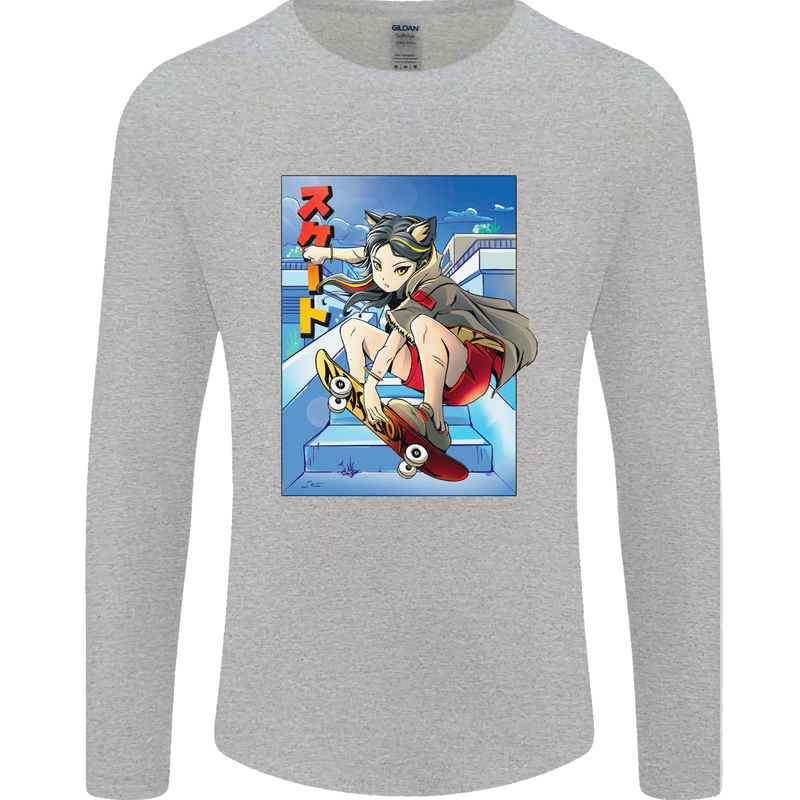 Anime Skater Girl Skateboard Skateboarding Mens Long Sleeve T-Shirt Sports Grey
