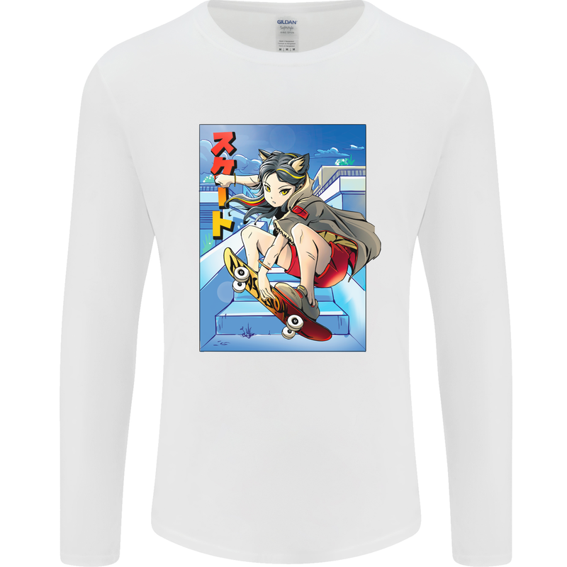 Anime Skater Girl Skateboard Skateboarding Mens Long Sleeve T-Shirt White