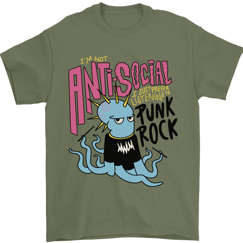 Anti Social Punk Rock Skinhead Octopus Mens T-Shirt 100% Cotton Military Green