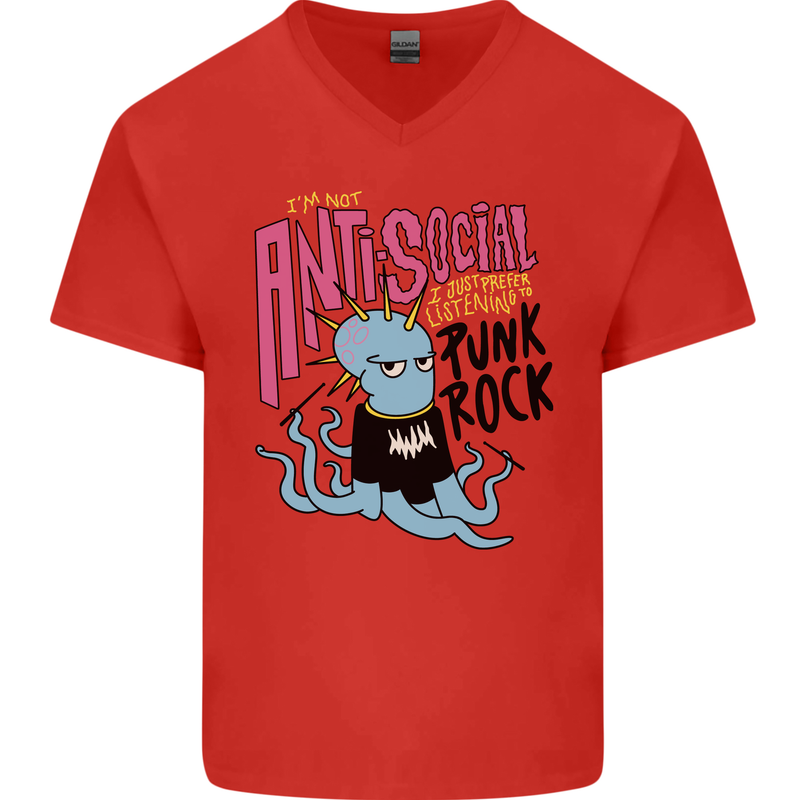 Anti Social Punk Rock Skinhead Octopus Mens V-Neck Cotton T-Shirt Red