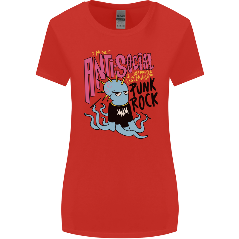 Anti Social Punk Rock Skinhead Octopus Womens Wider Cut T-Shirt Red