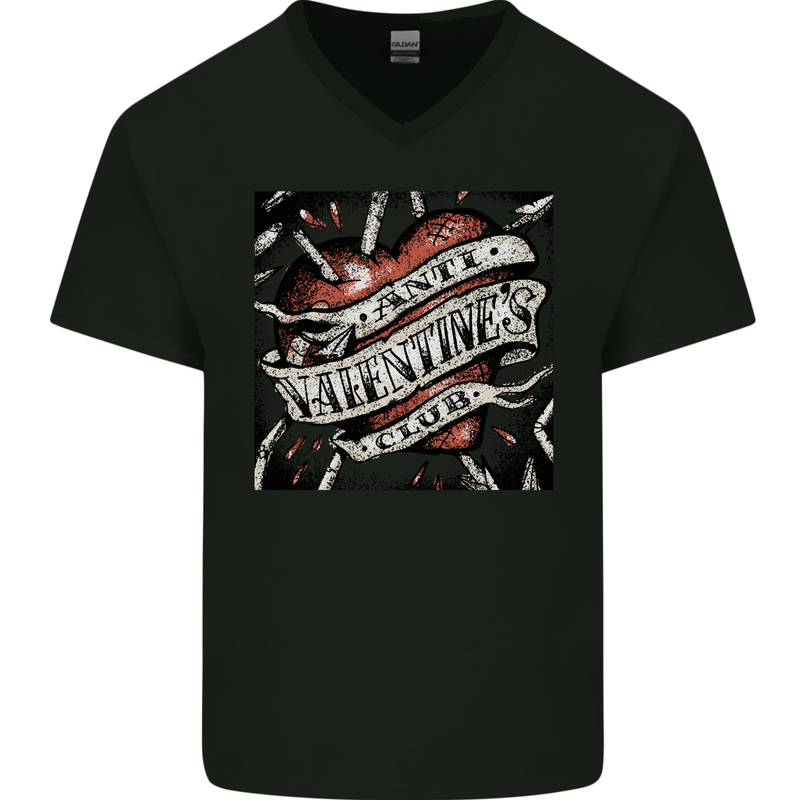 Anti Valentines Club Heart Singles Day Mens V-Neck Cotton T-Shirt Black