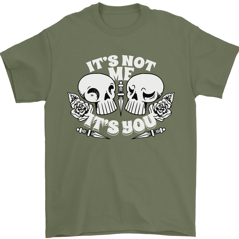 Anti Valentines Singles Day Skull Its Not Me Mens T-Shirt 100% Cotton Military Green