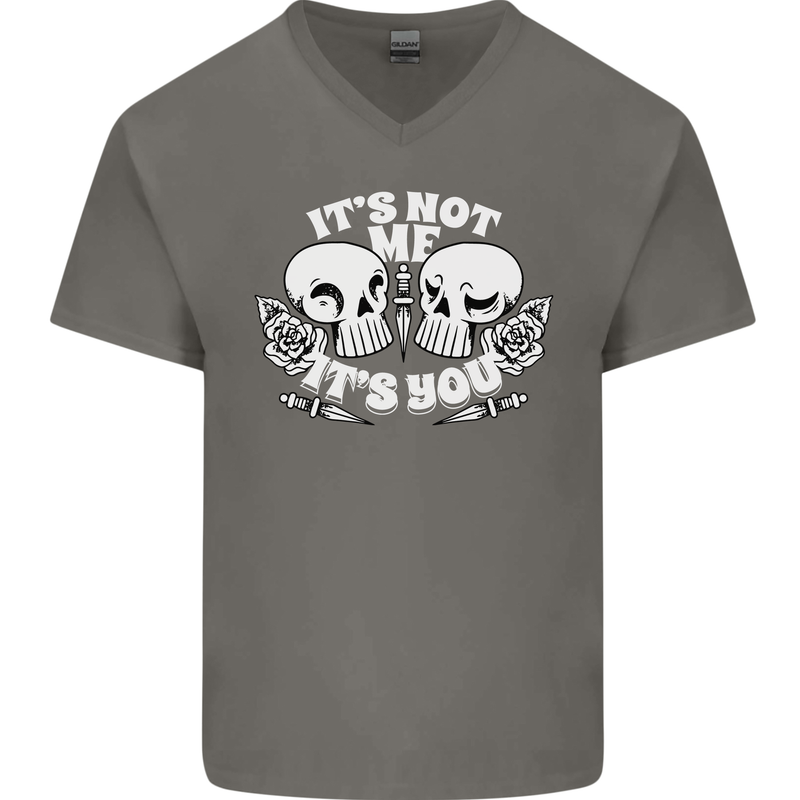 Anti Valentines Singles Day Skull Its Not Me Mens V-Neck Cotton T-Shirt Charcoal