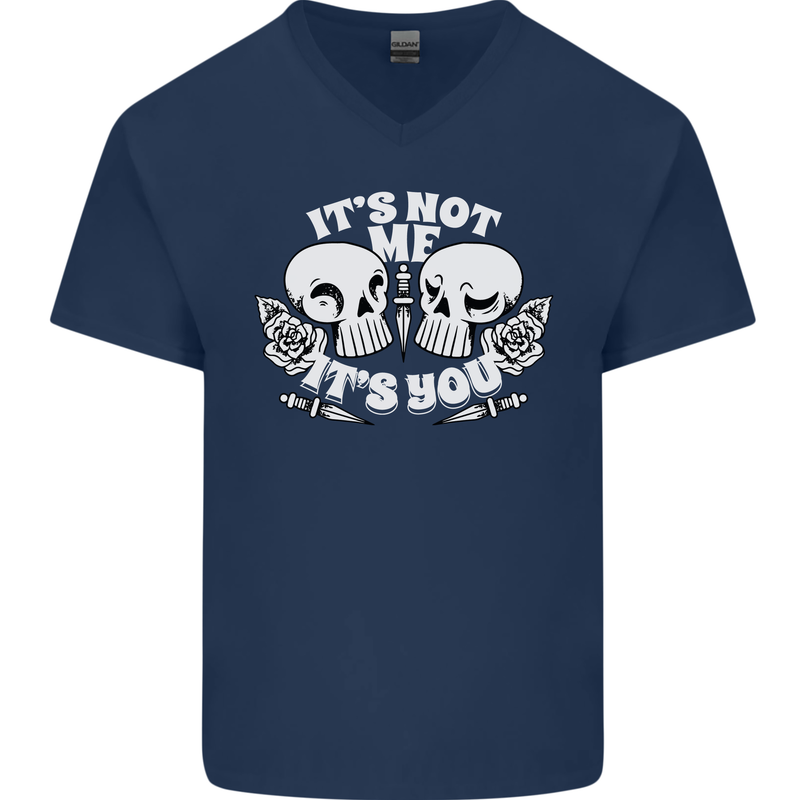 Anti Valentines Singles Day Skull Its Not Me Mens V-Neck Cotton T-Shirt Navy Blue