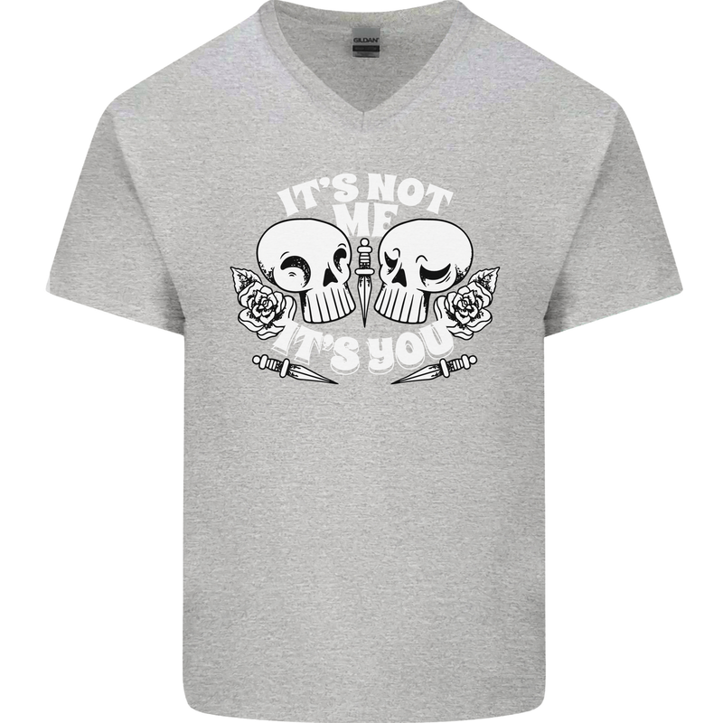 Anti Valentines Singles Day Skull Its Not Me Mens V-Neck Cotton T-Shirt Sports Grey