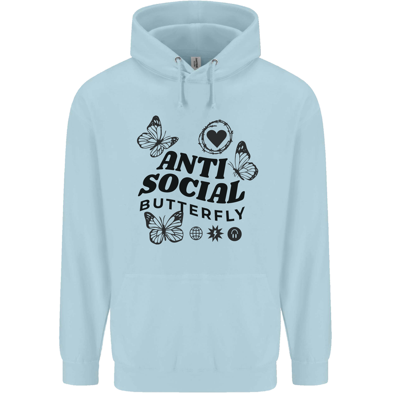 Antisocial Butterfly Childrens Kids Hoodie Light Blue