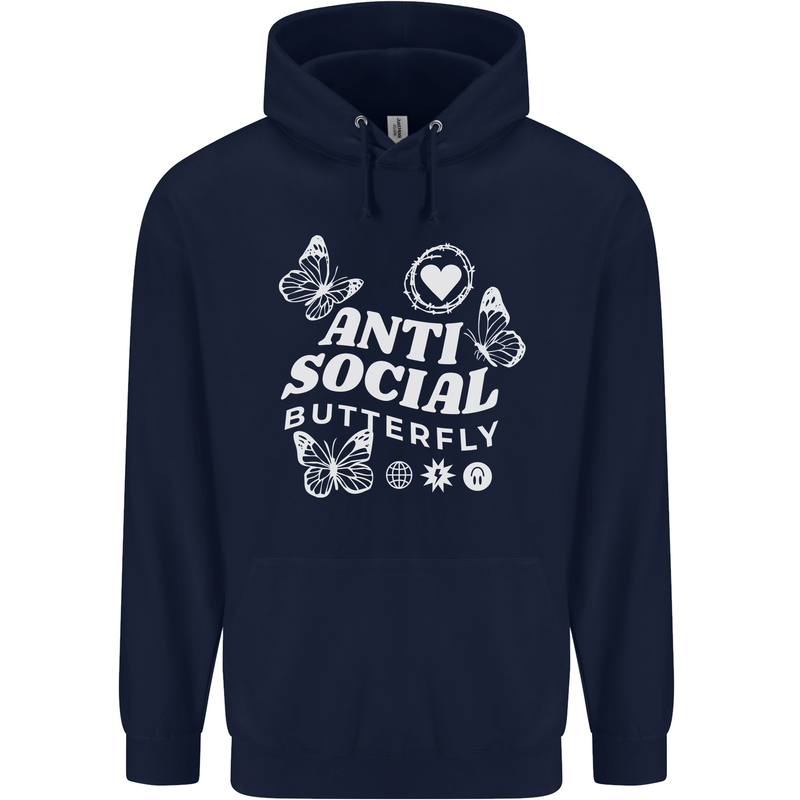Antisocial Butterfly Funny Childrens Kids Hoodie Navy Blue