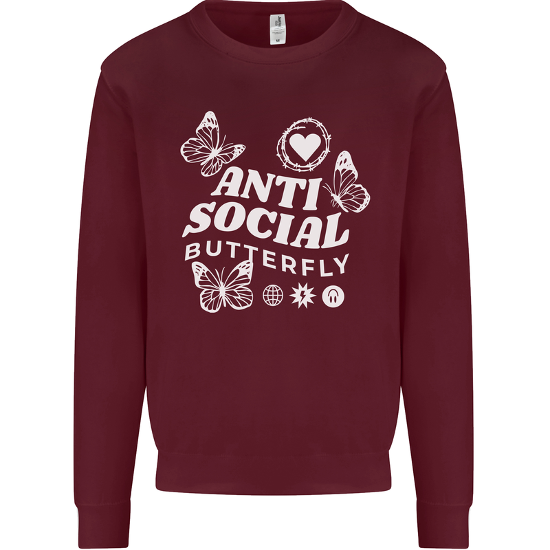 Antisocial Butterfly Funny Kids Sweatshirt Jumper Maroon