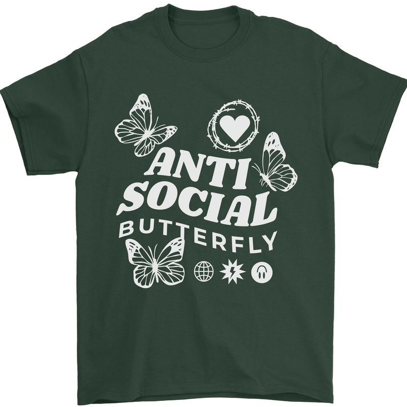 Antisocial Butterfly Funny Mens T-Shirt 100% Cotton Forest Green