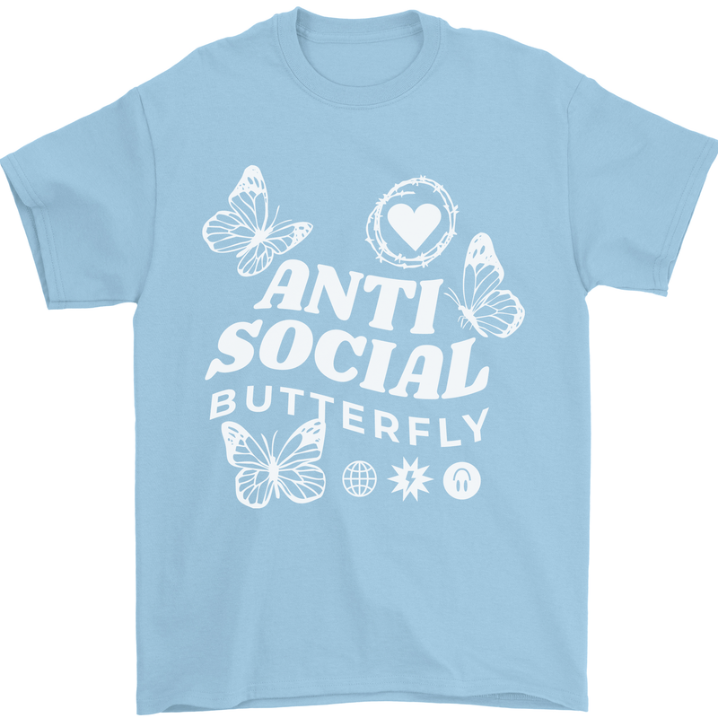 Antisocial Butterfly Funny Mens T-Shirt 100% Cotton Light Blue